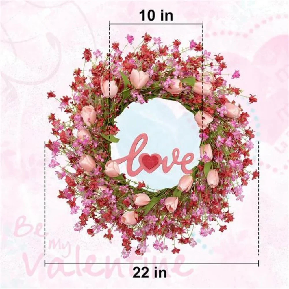 Valentines Day Wreath Decor, 22inch Artificial Pink Wreath Tulip Berry